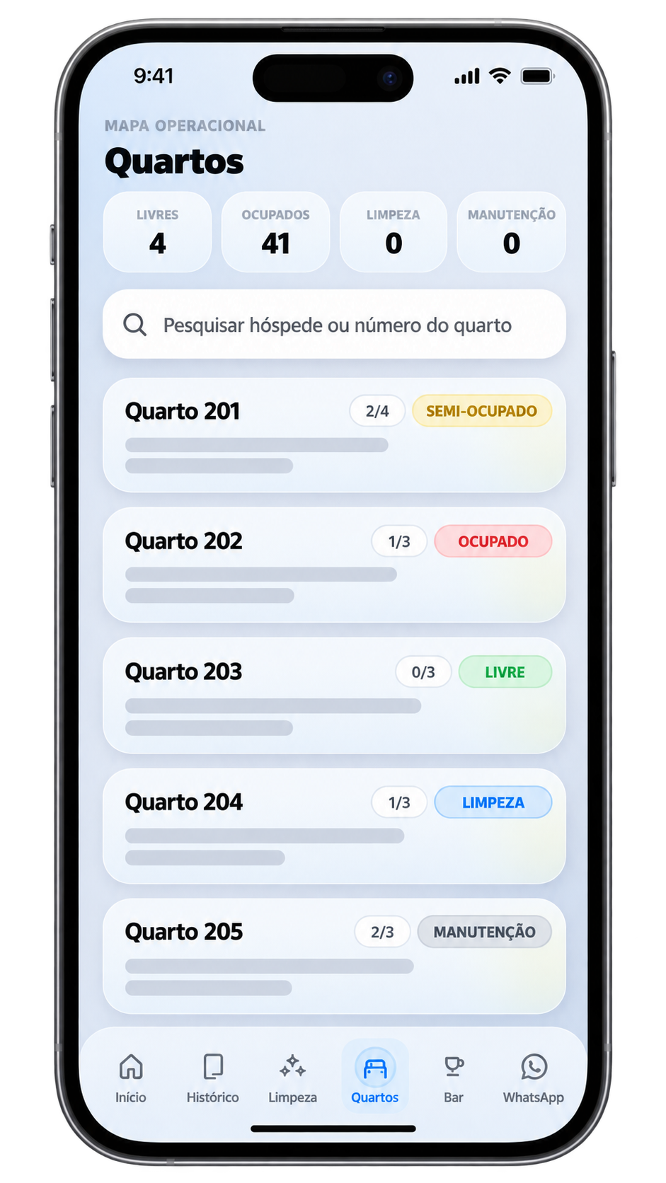 App do Pousada Gestor para celular com mapa de ocupação dos quartos